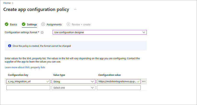 Screenshot of the configuration policy page in Intune